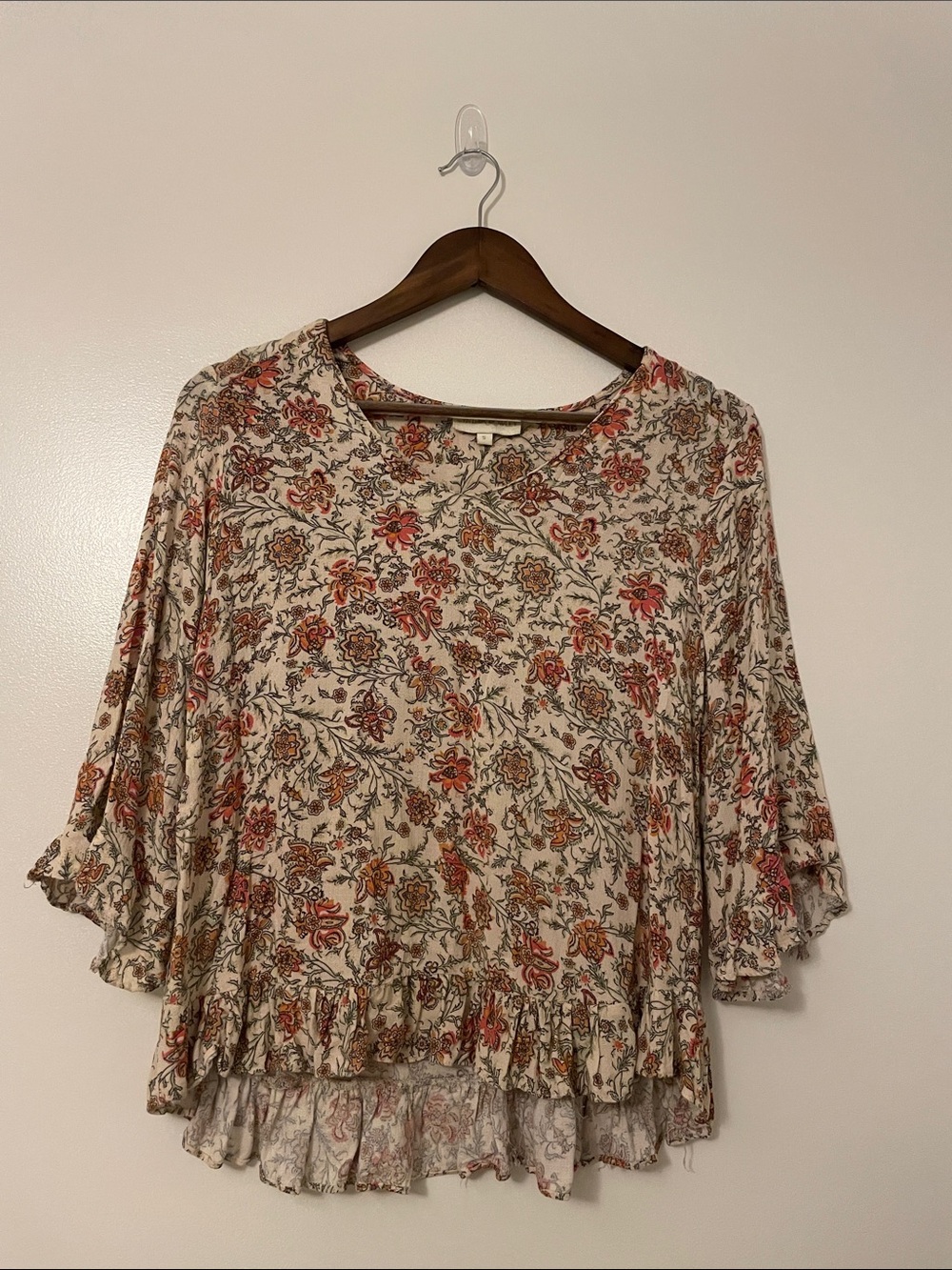 Cynthia Rowley Cream Floral Ruffle Hem Tunic with Rust Accents